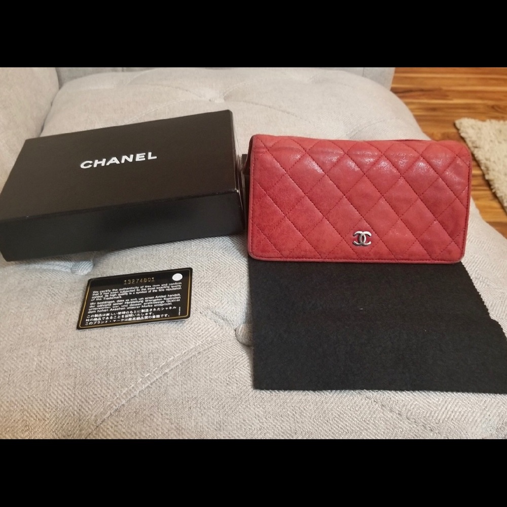 Authentic Chanel Wallet Red Quilted Lambskin